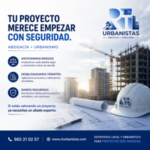 Abogacía y urbanismo para promotores inmobiliarios, con asesoramiento legal y urbanístico desde el inicio del proyecto, mostrando planos, casco de obra y desarrollo inmobiliario.